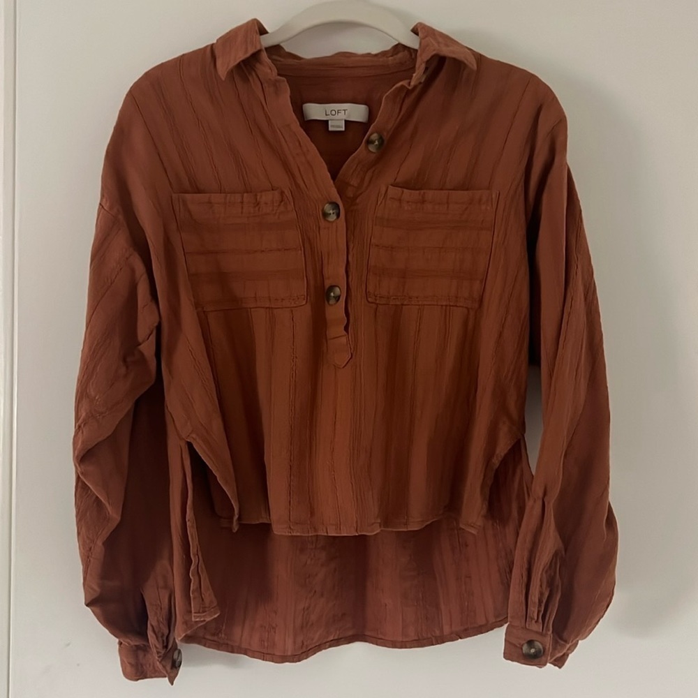 Loft Brown Long Sleeve 100% Cotton Button Down Hi-Low Blouse Size XXS